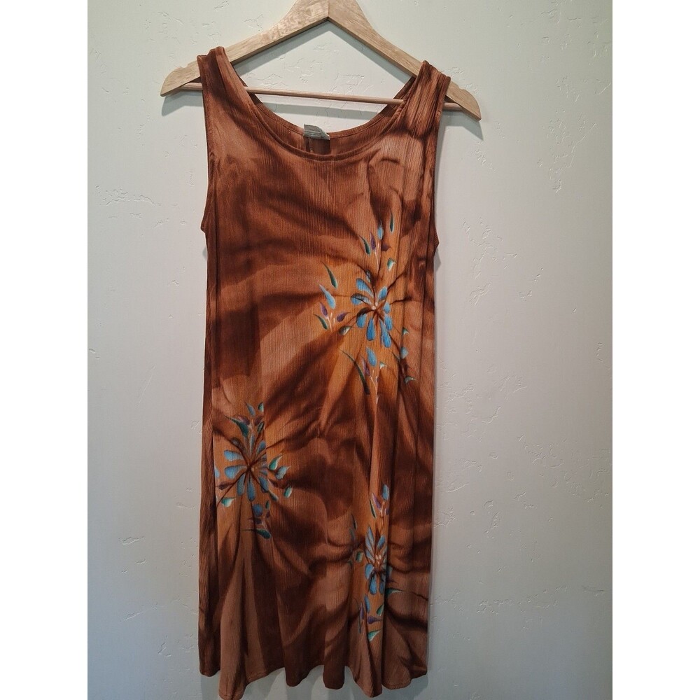 VTG Pineapple Moon One Size Hawaiian Floral Brown Tank Top Dress Crinkle